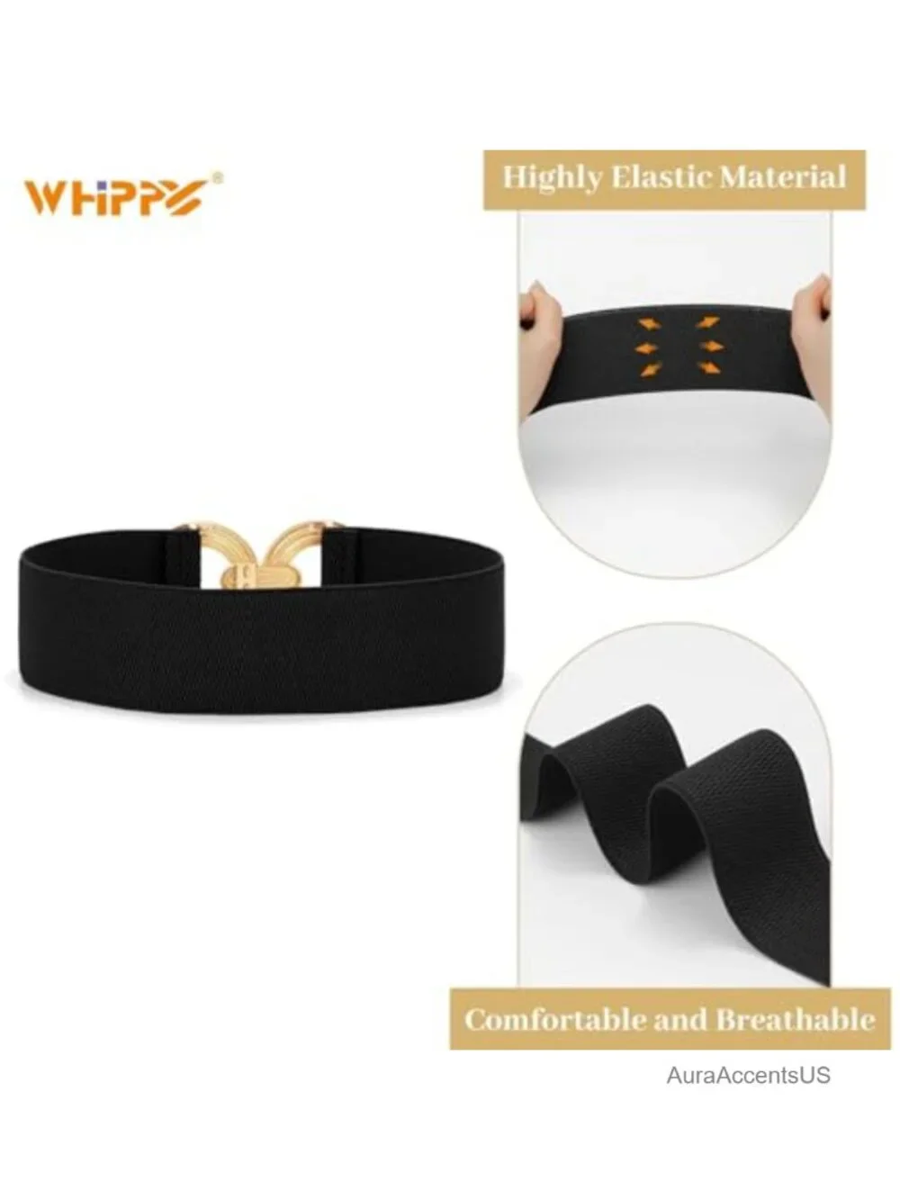 Wide Elastic Waist Belt with Hollow Out Gold Buckle Stretchy